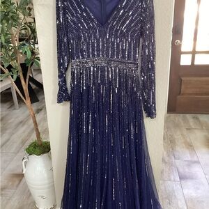 Mac Duggal Navy and Silver Sequin Long Sleeve Gown #Mother of the Groom